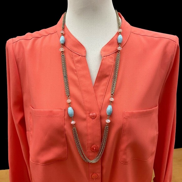 NTW Gold-tone Chains Blue Pink Beads Women's Fashion Necklace NWOT - Picture 1 of 5